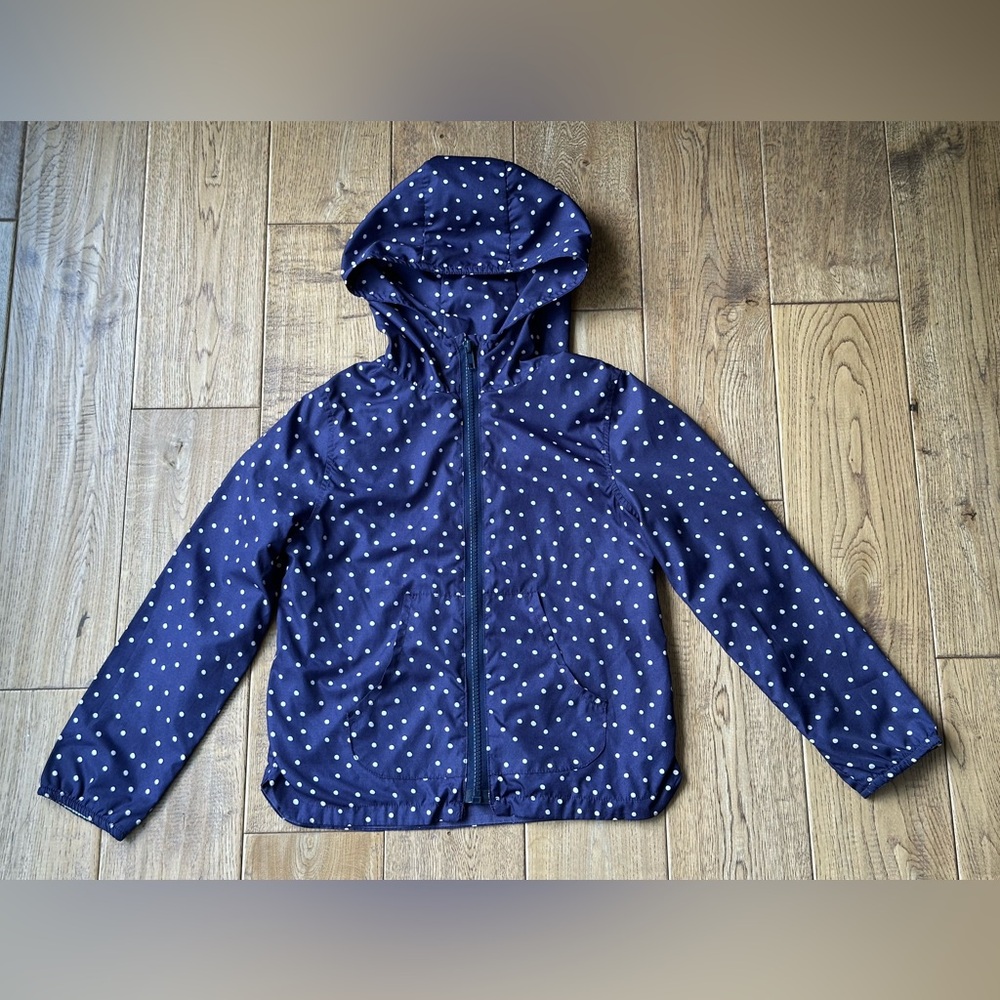 Zara Girls Navy Blue and White Polka Dot Hooded Raincoat size 5/6